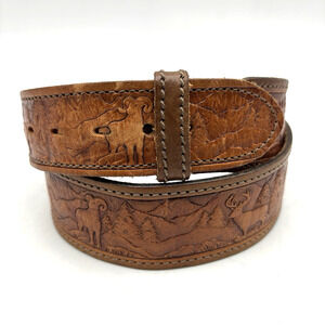 Vintage 90s Chambers 57469 Tan Elk Ram Caribou Tooled Leather Belt 34 No Buckle